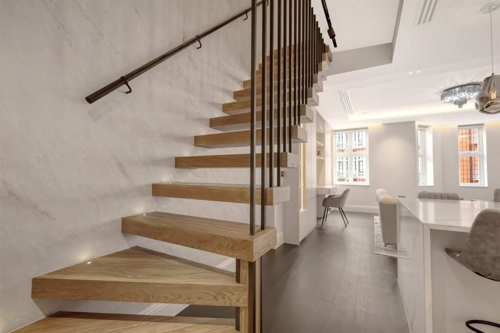 Timber staircase with slatted screen, 18 Hans Crescent, Knightsbridge.