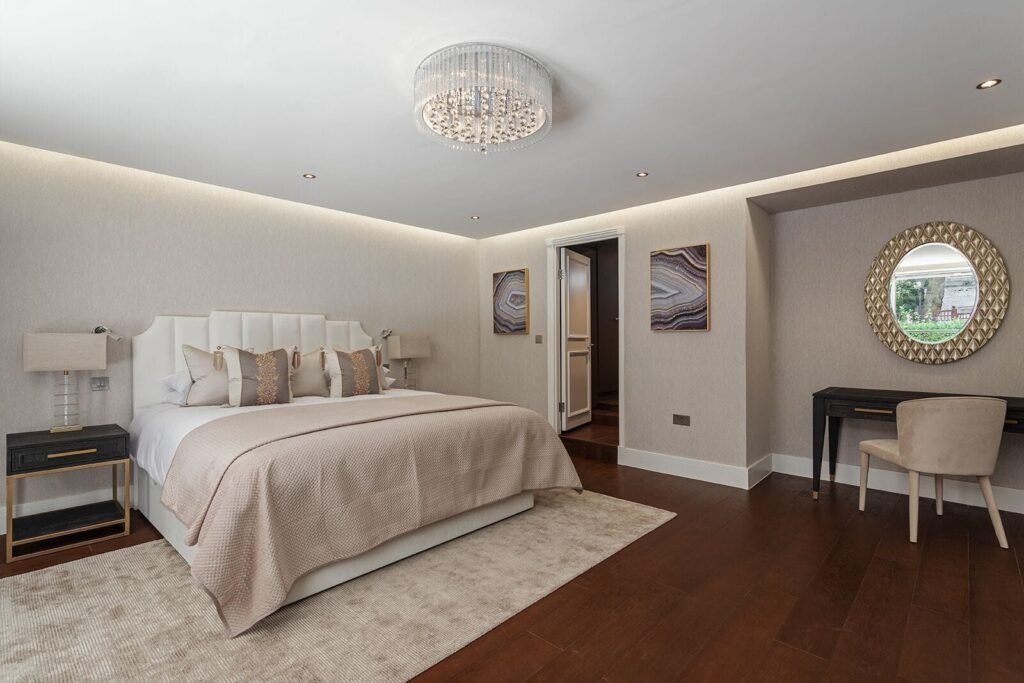 Principal bedroom after refurbishment, Porchester Terrace, central London.
