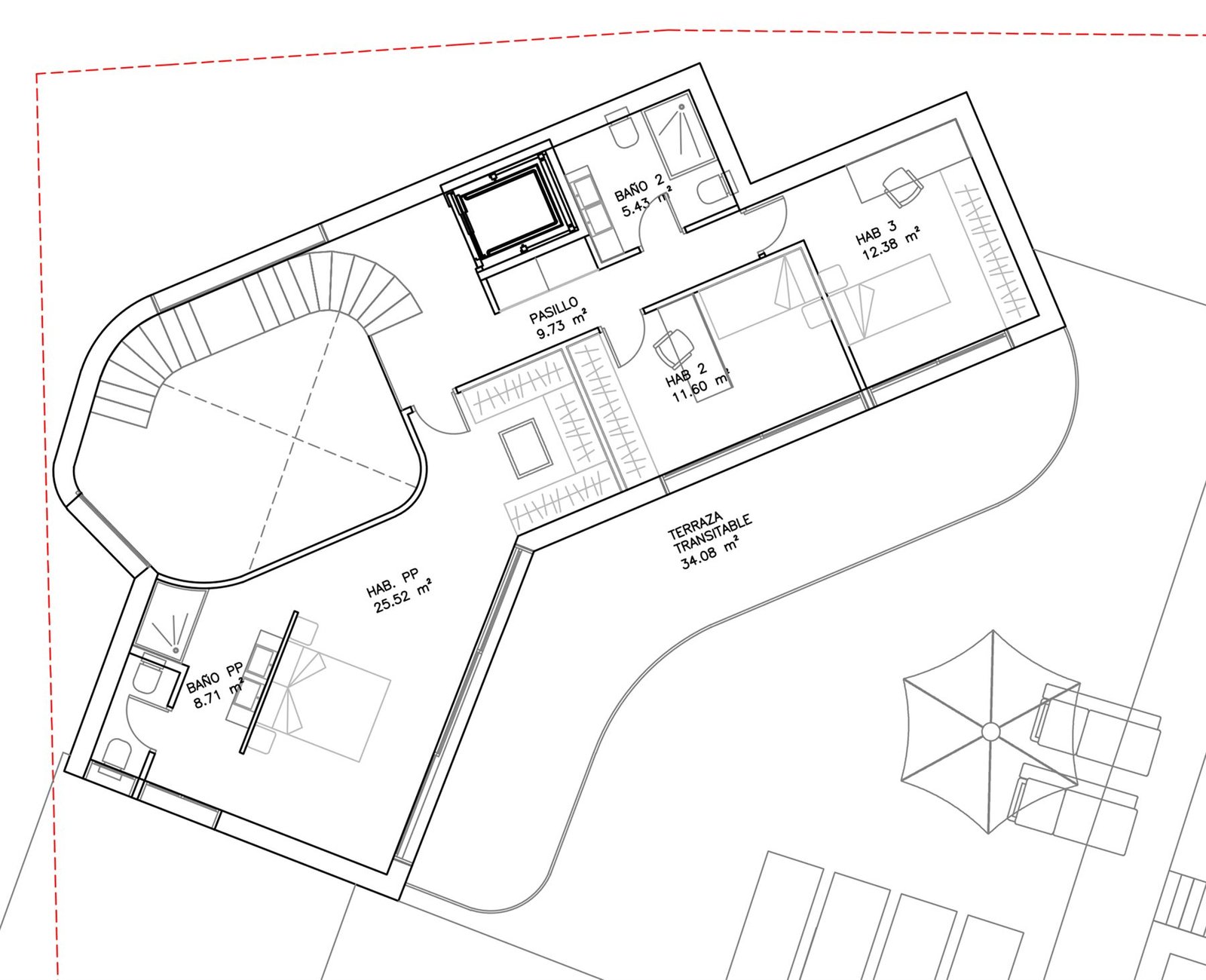 Arkitektens plantegning av overetasjen i Villa Noruega, Altea Hills.