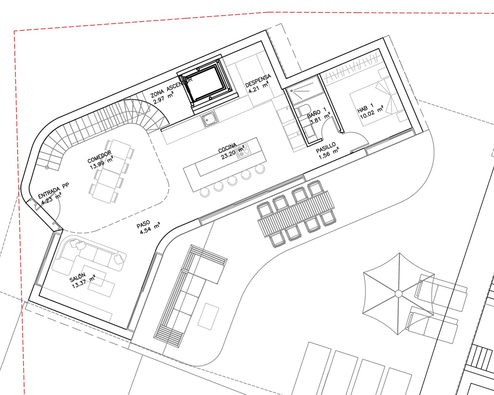 Arkitektens plantegning av bakkeplanet i Villa Noruega, Altea Hills.