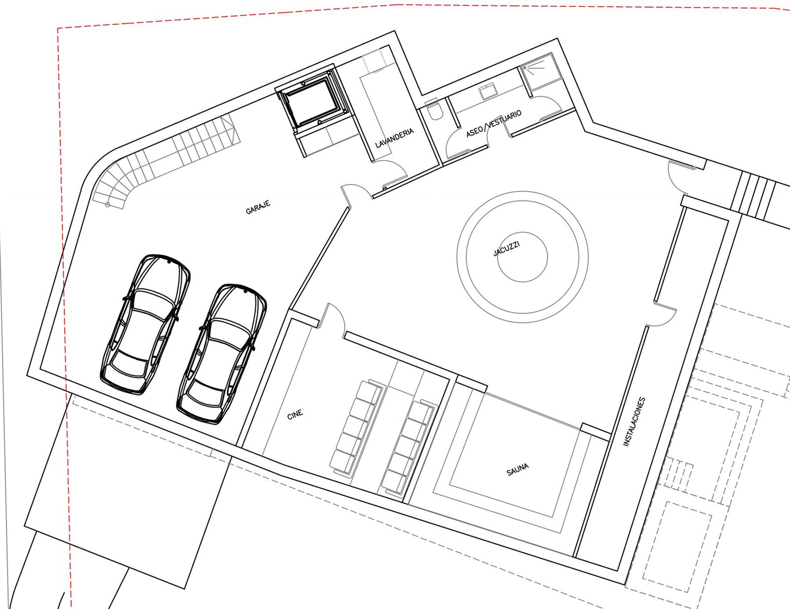 Arkitektens plantegning av underetasjen i Villa Noruega, Altea Hills, som viser wellness-planet.